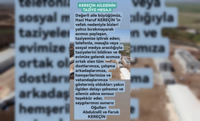 Kereçin Alisenin Taziye Teşekkür mesajı